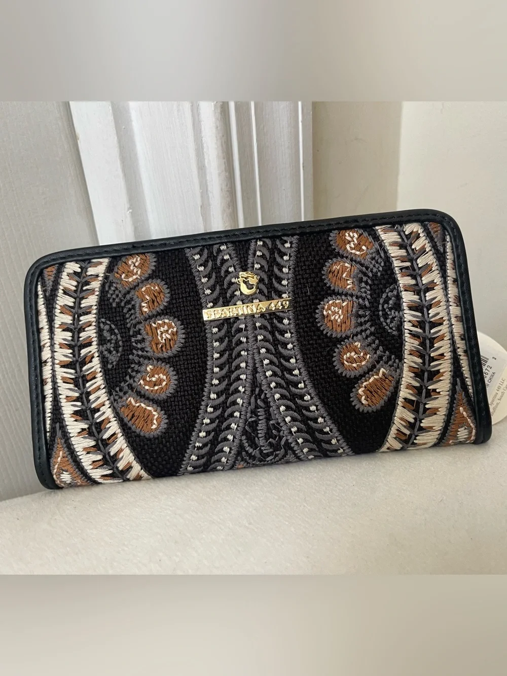 Spartina Black Embroidered Zip Wallet